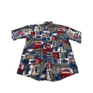 Vintage Players by Van Heusen Button Up Shirt Men Medium Golf Print Red Blue AOP